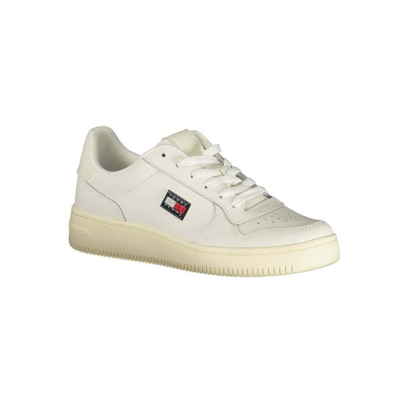 Tommy Hilfiger white polyurethane low-top women's sneaker with a classic lace-up style and branded side logo patch.
