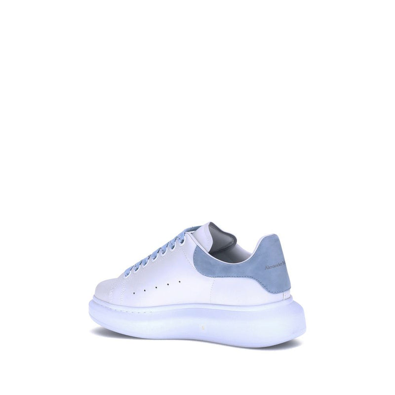 Alexander McQueen white calf leather platform sneaker with blue heel tab and laces