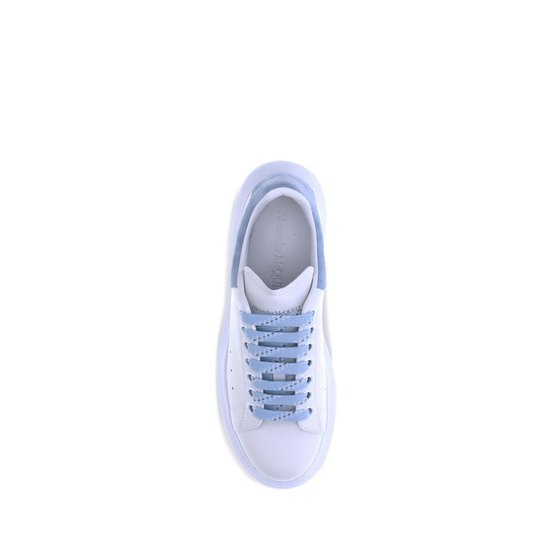Top-down view of blue calf leather platform sneaker with light blue laces