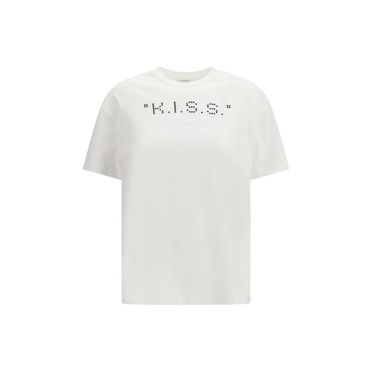 White cotton t-shirt with short sleeves and black rhinestone text graphic on the chest
