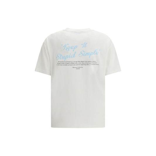 White cotton short-sleeve t-shirt with blue graphic text on the back