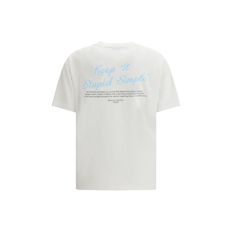 White cotton short-sleeve t-shirt with blue graphic text on the back