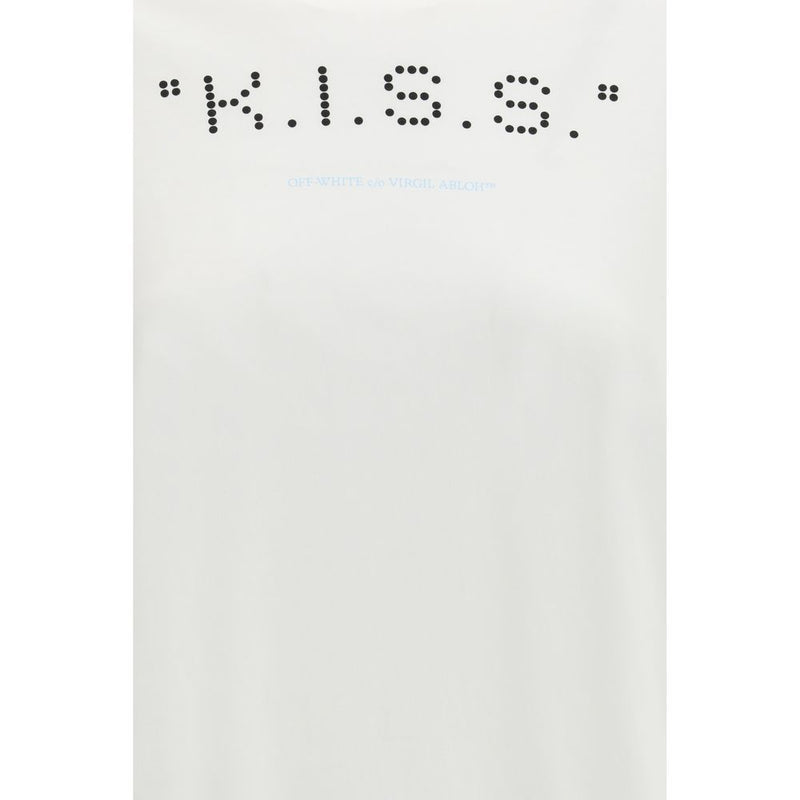 White cotton t-shirt with black dotted KISS graphic and blue text
