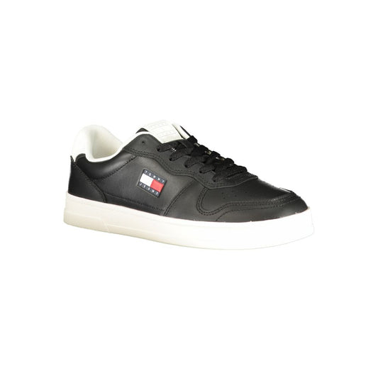Tommy Hilfiger black polyurethane casual women’s sneaker with lace-up closure and white rubber sole.