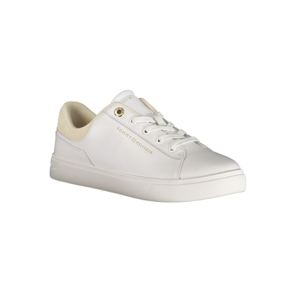 White Tommy Hilfiger Bianco polyurethane lace-up sneaker for women with gold accents.