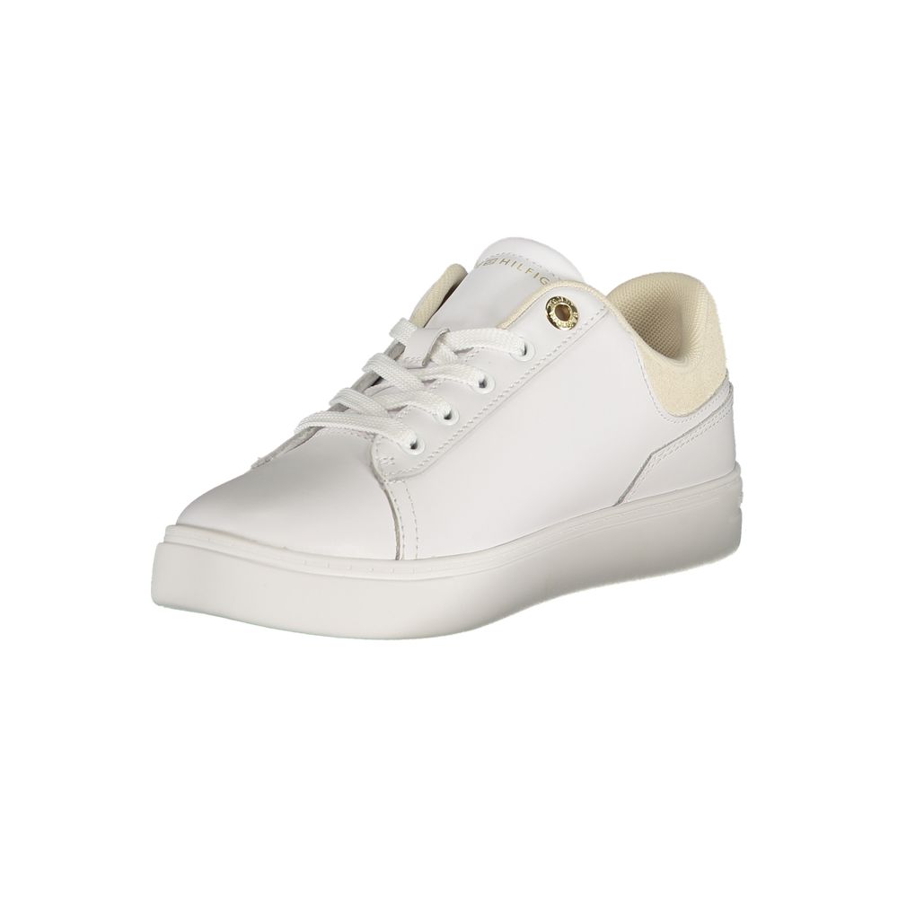 White Tommy Hilfiger polyurethane sneaker in a classic low-top court style with beige heel detail.