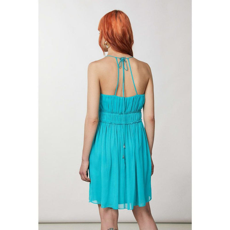 Turquoise polyester casual dress with halter neck and smocked waist