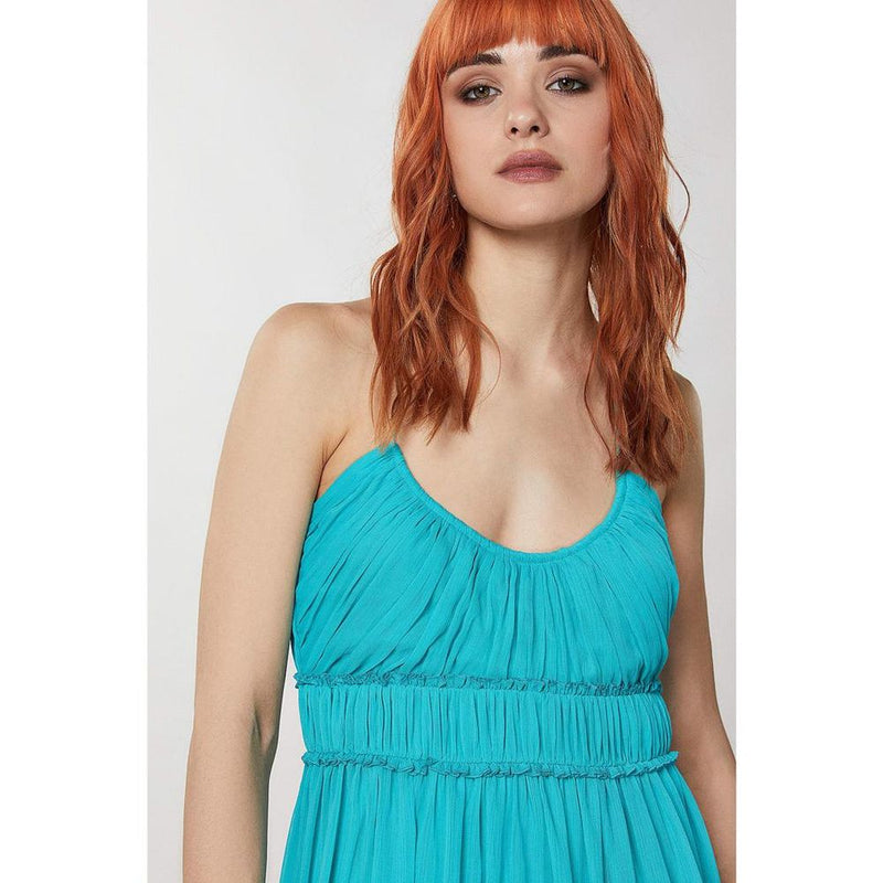 Turquoise polyester casual dress with gathered bodice and thin straps