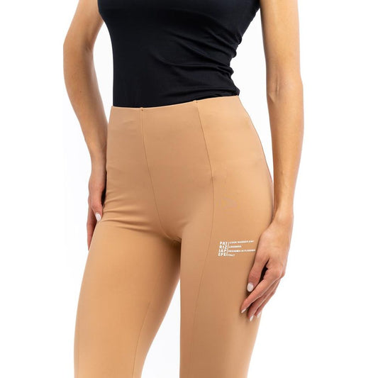 Patrizia Pepe beige nylon leggings with high waist and white logo print on the leg