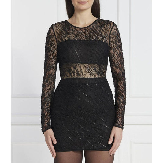 Black nylon long-sleeve cocktail dress with sheer lace and beaded detailing