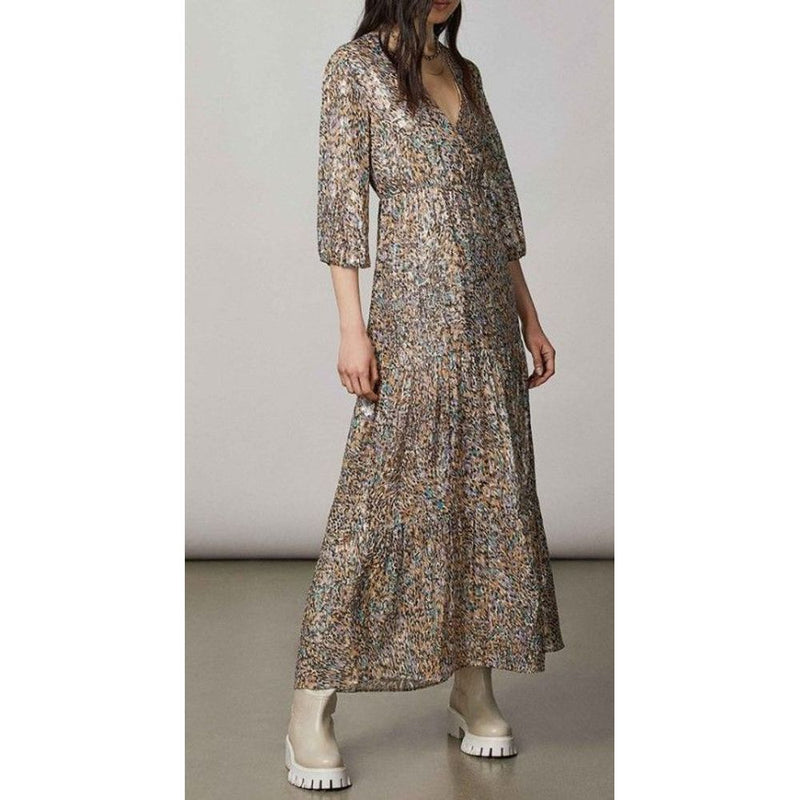 Gold silk long sleeve v-neck tiered casual maxi dress with metallic print