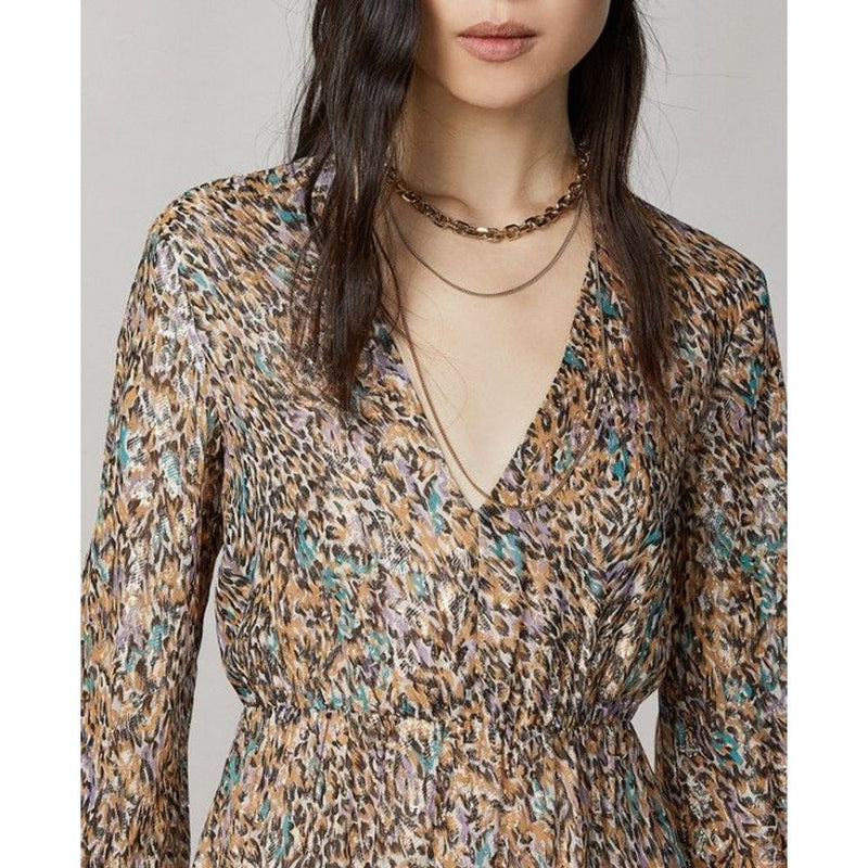 Gold and multicolor patterned silk casual dress with V-neck and long sleeves