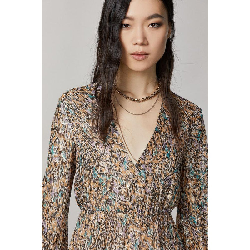 Patrizia Pepe gold silk casual dress with long sleeves and a V-neckline featuring a metallic animal print pattern