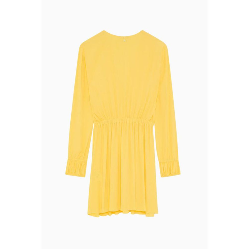 Bright yellow long-sleeve casual viscose dress with a cinched waist and flared skirt shown from behind