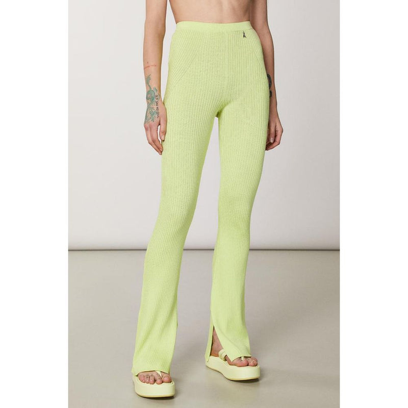 Yellow ribbed viscose casual flare pants with ankle slits