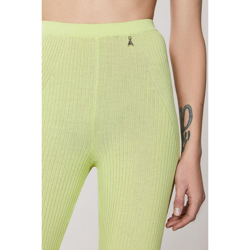 Bright yellow ribbed knit casual viscose pants with high waist and small metallic logo on waistband