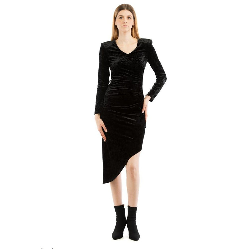 Black velvet long-sleeve casual dress with an asymmetrical hemline
