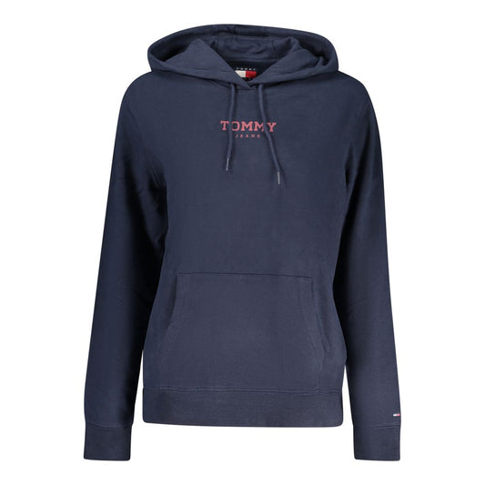 Navy blue cotton women's hoodie with a drawstring hood, front pocket, and red Tommy Jeans logo on the chest