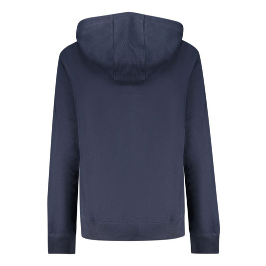 Back view of a plain blue cotton women's hoodie with an attached hood
