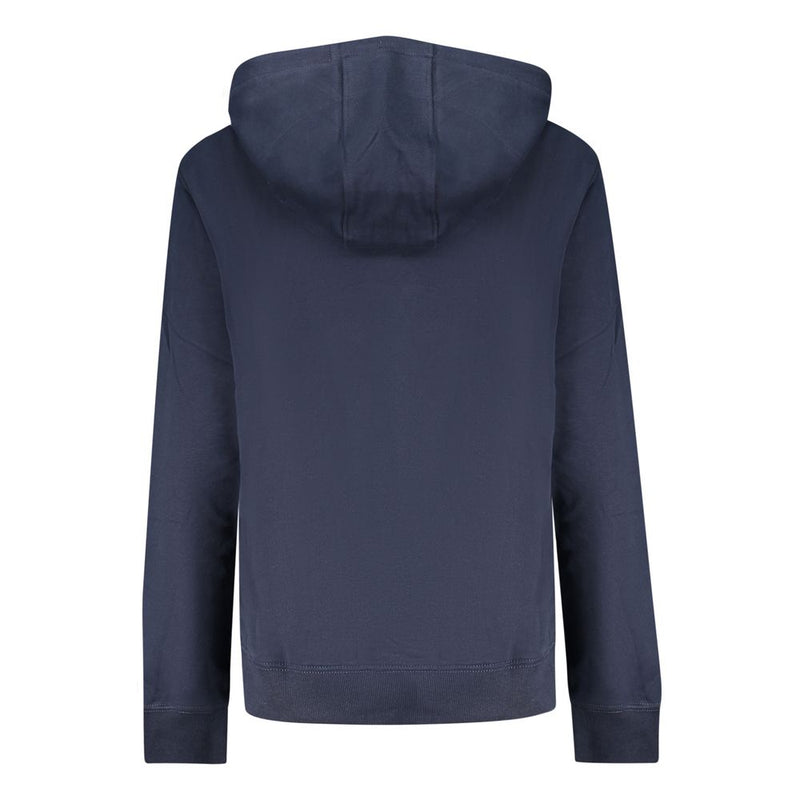 Back view of a plain blue cotton women's hoodie with an attached hood