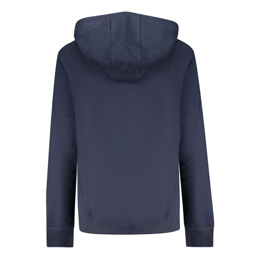 Navy blue cotton women's hoodie with a drawstring hood, front pocket, and red Tommy Jeans logo on the chest
