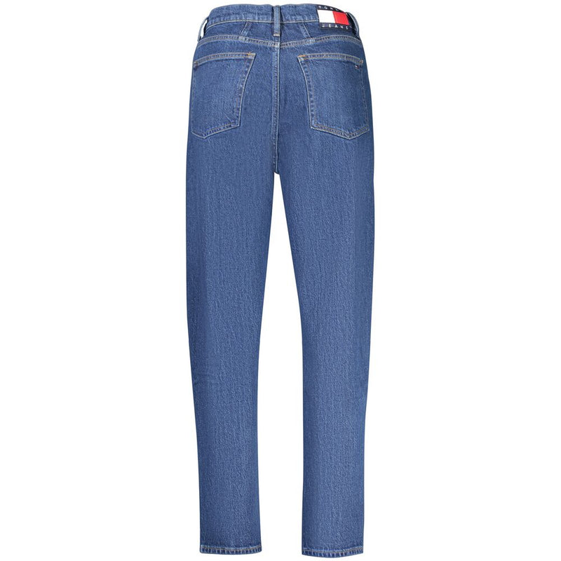 Back view of blue cotton women's denim jeans with straight legs and a logo patch on the waistband