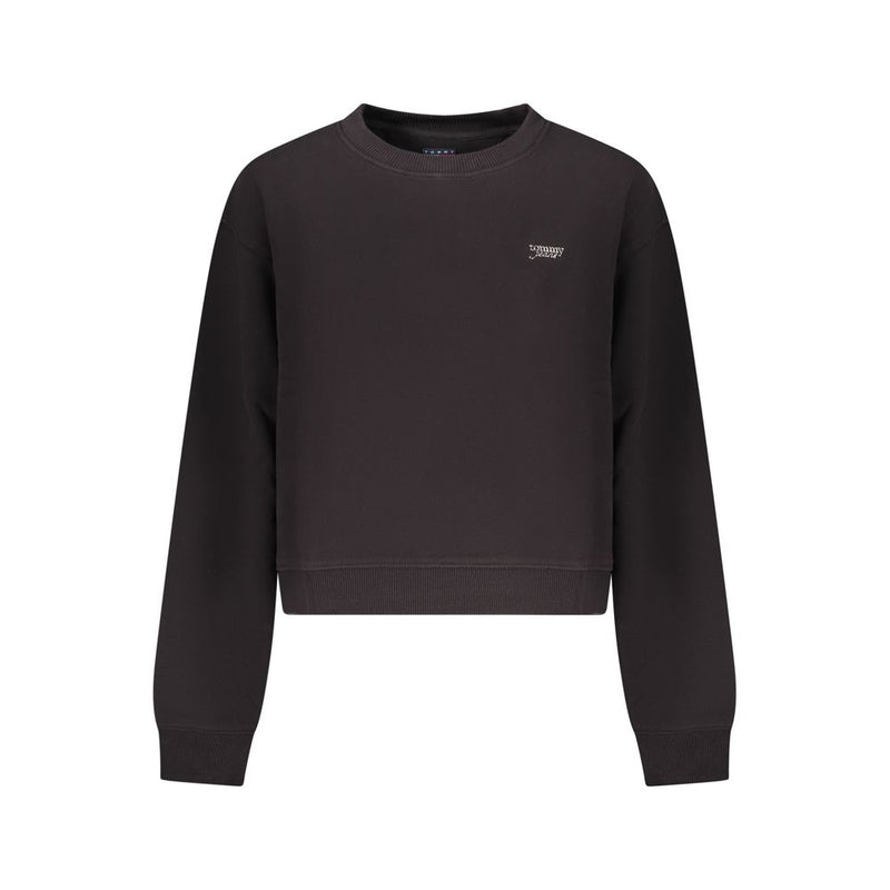 Black cotton long sleeve crew neck sweatshirt with small white logo on chest