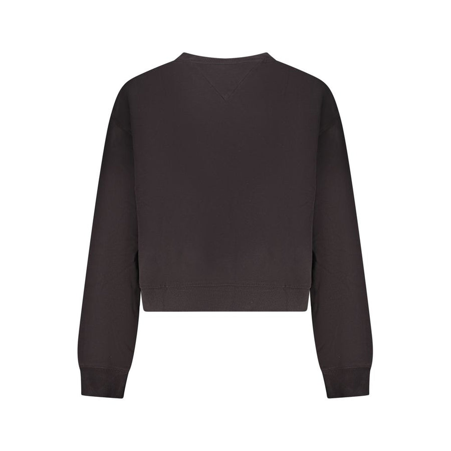 Black cotton long sleeve crew neck sweatshirt with small white logo on chest