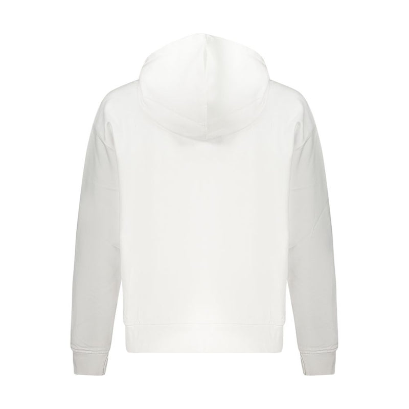 Back view of a white cotton women's hooded sweatshirt