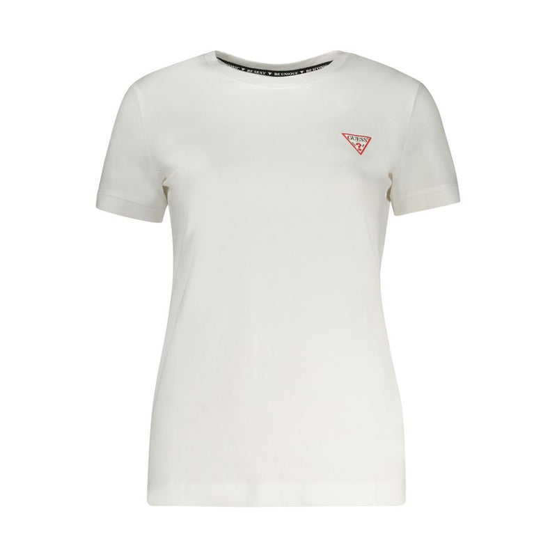 White cotton women's short-sleeve crewneck t-shirt with a small Guess logo on the chest