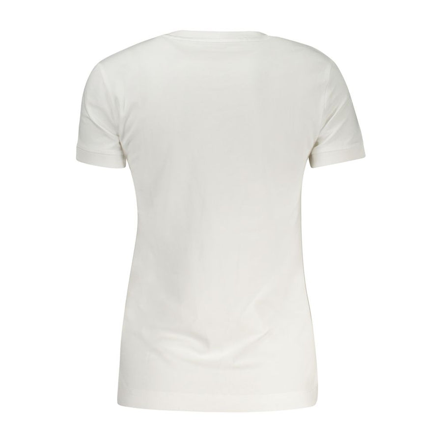 White cotton women's short-sleeve crewneck t-shirt with a small Guess logo on the chest