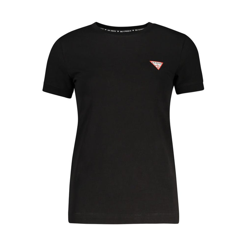 Black organic cotton women's t-shirt with short sleeves and a small red Guess logo on the chest
