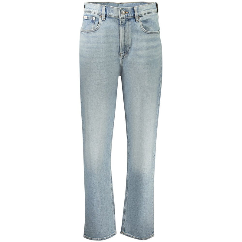 Light blue cotton women's straight-leg jeans with a mid-rise waist