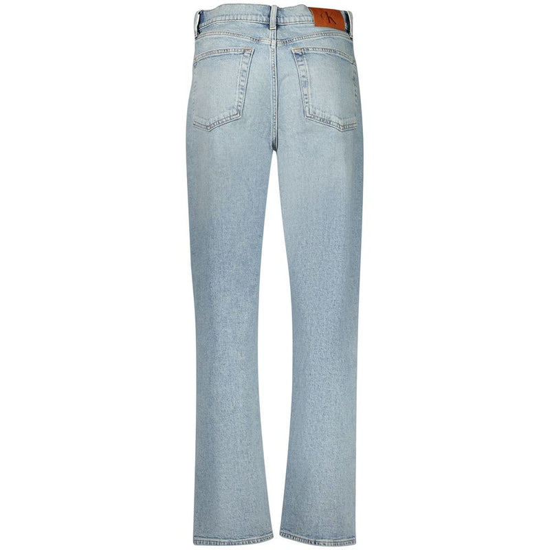 Light blue cotton denim women jeans from behind, showing pockets and brown brand patch
