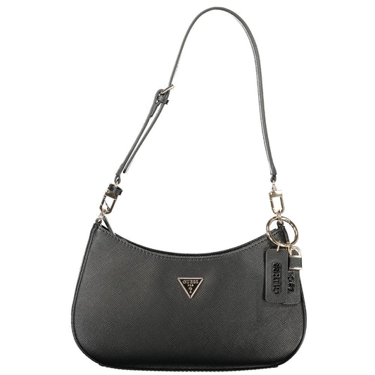 Black textured polyethylene shoulder bag with a single strap, metal logo plaque, and keychain charms