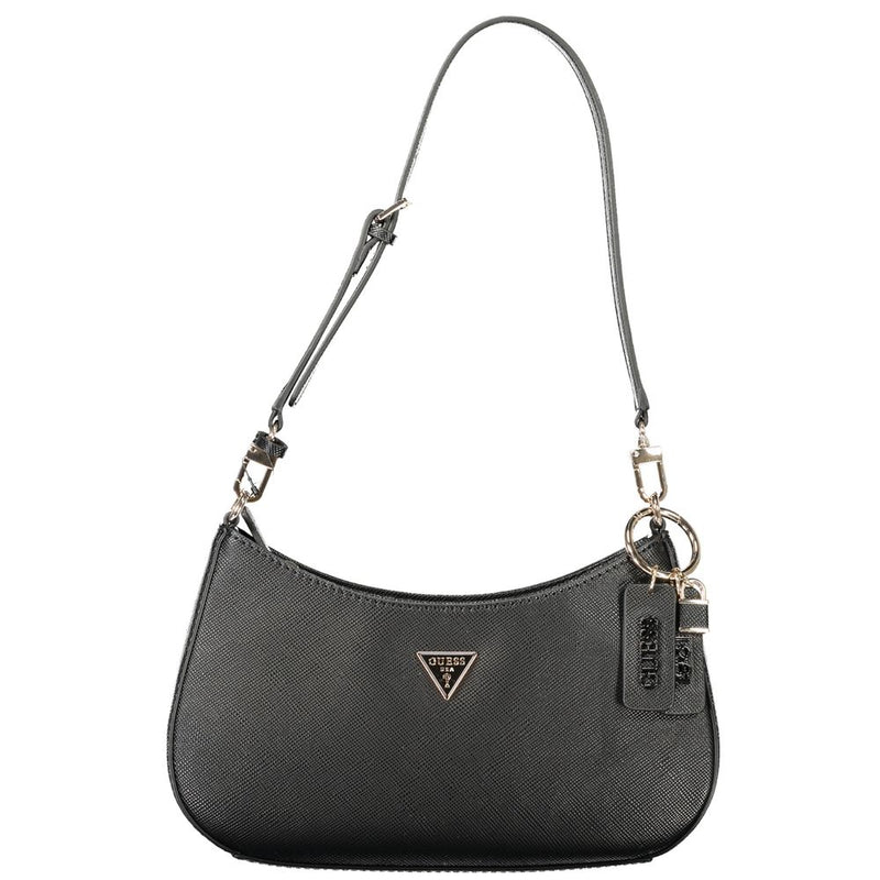 Black textured polyethylene shoulder bag with a single strap, metal logo plaque, and keychain charms