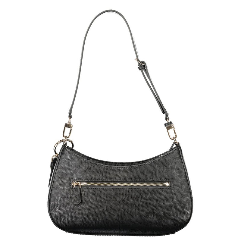 Black textured leather shoulder handbag with a single strap and zipper pocket on the front