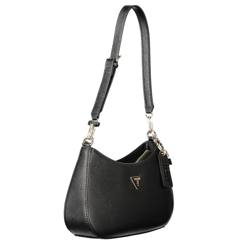 Black textured polyurethane structured women shoulder bag with a single strap