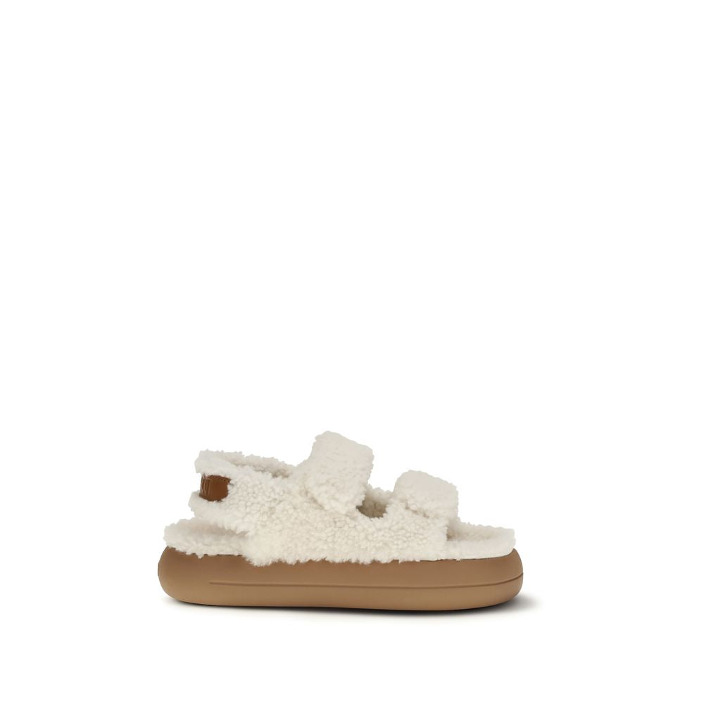 White, fluffy polyamide slipper sandal with two straps and a thick, brown rubber platform sole.