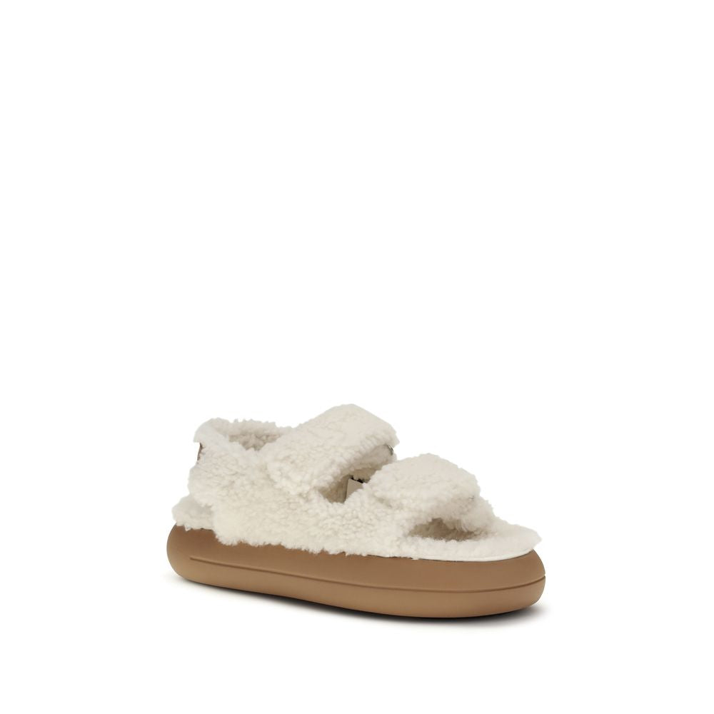 Moon Boot white fuzzy polyamide two-strap sandals with a thick tan rubber platform sole.