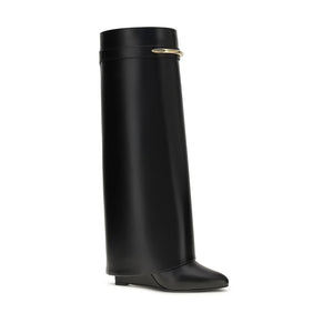 Black Givenchy Shark Lock leather knee-high boot with a wedge heel and gold-tone metal band accent.