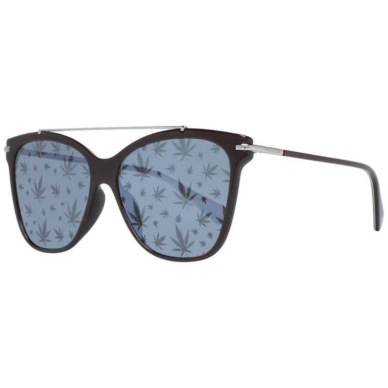 Brown metal and plastic cat-eye sunglasses with a silver top bar and blue lenses featuring a leaf pattern