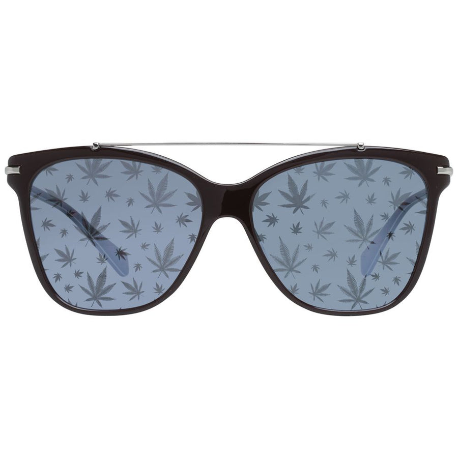 Brown metal and plastic cat-eye sunglasses with a silver top bar and blue lenses featuring a leaf pattern
