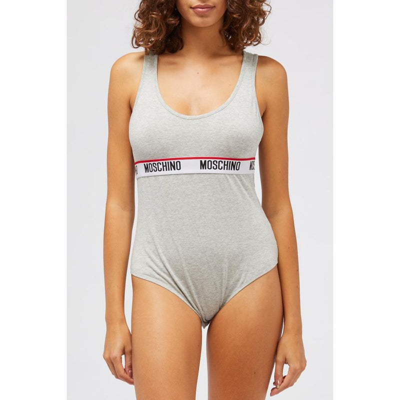 Gray cotton sleeveless bodysuit with a scoop neck and a white branded chest band