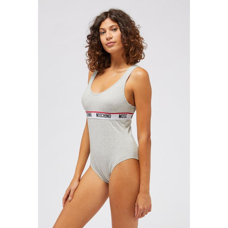 Gray cotton scoop neck bodysuit with a branded band under the bust