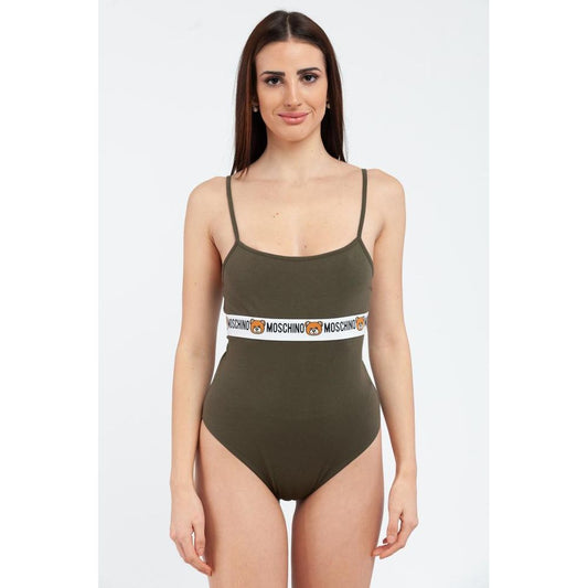 Olive green cotton scoop neck bodysuit with a white branded band featuring Moschino text and bear graphics