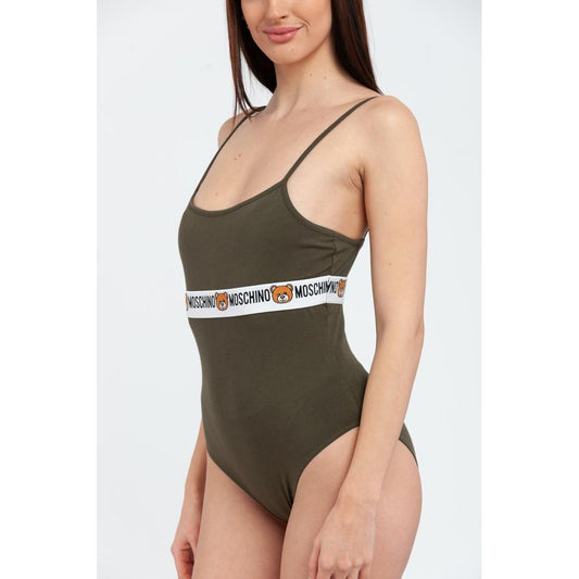 Olive green cotton scoop-neck bodysuit with a white logo and teddy bear waistband