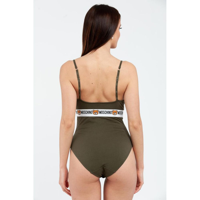 Olive green cotton bodysuit with thin straps and a white branded band
