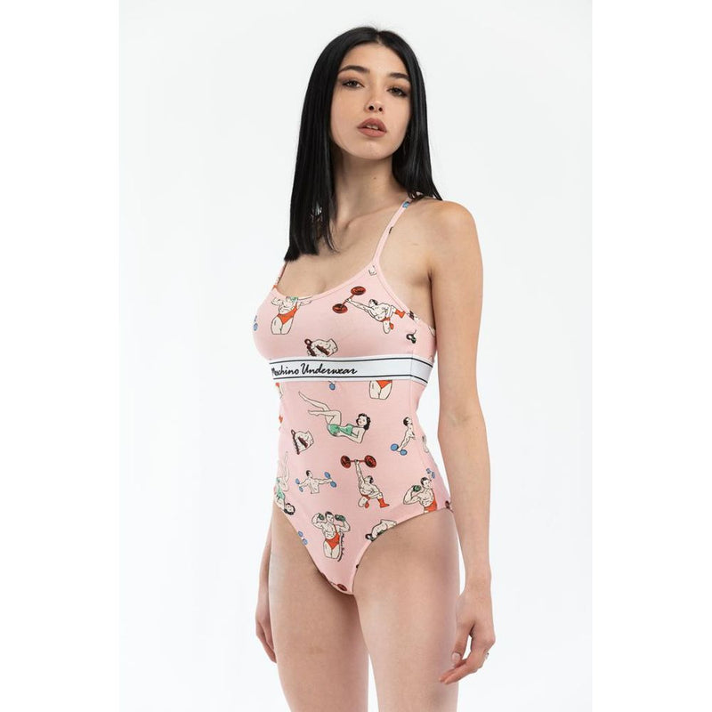 Pink cotton bodysuit with spaghetti straps, a printed cartoon pattern, and a black and white brand logo waistband