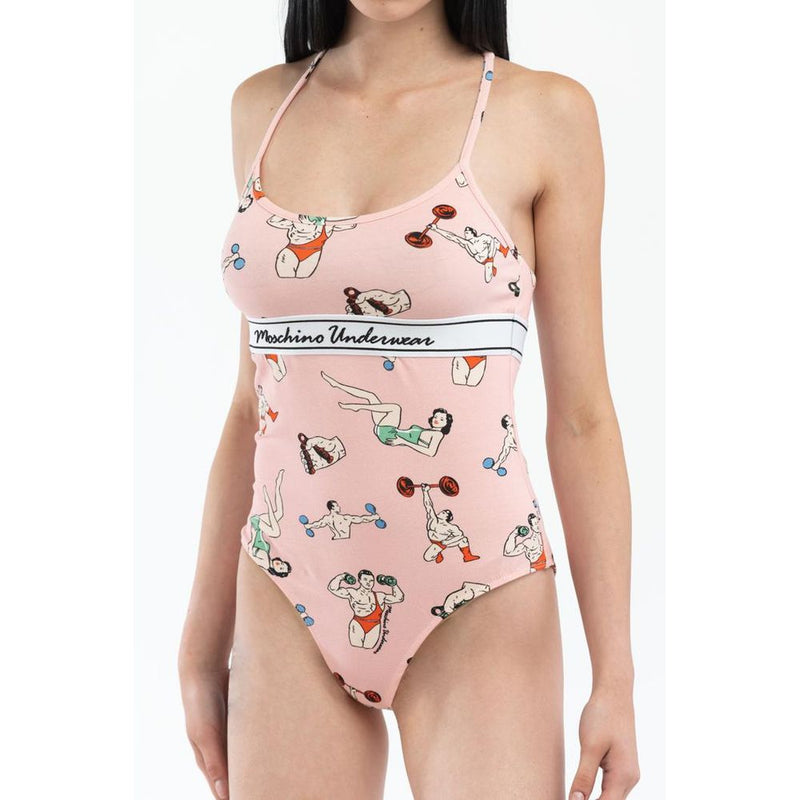 Pink cotton bodysuit with spaghetti straps and a printed illustration of people working out